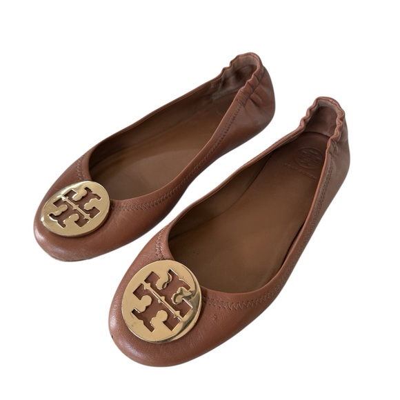 Tory Burch Shoes - Tory Burch Brown Leather Minnie Travel Ballet Flats with Gold Logo